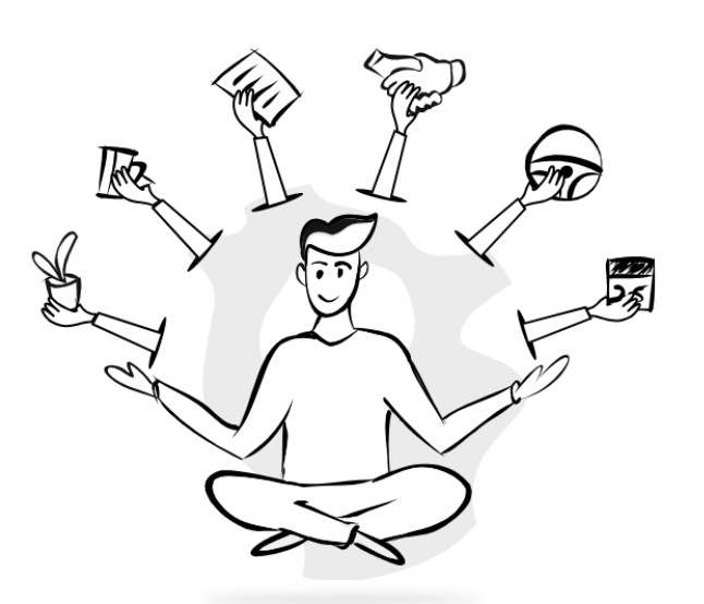 Person with various work tools and devices